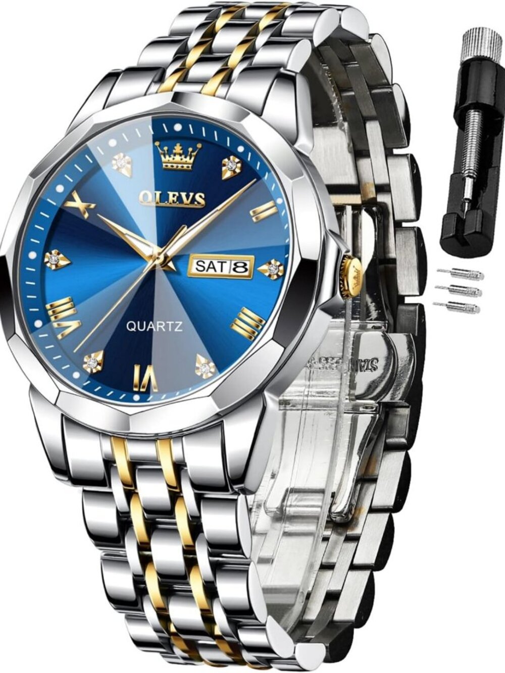 Stylish Men's Diamond Analog Watch - Waterproof, Luminous, Two-Tone Stainless